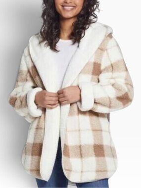 Weatherproof Reversible Plush Jacket NWOT | L/XL • Plaid & Cream • Super Soft